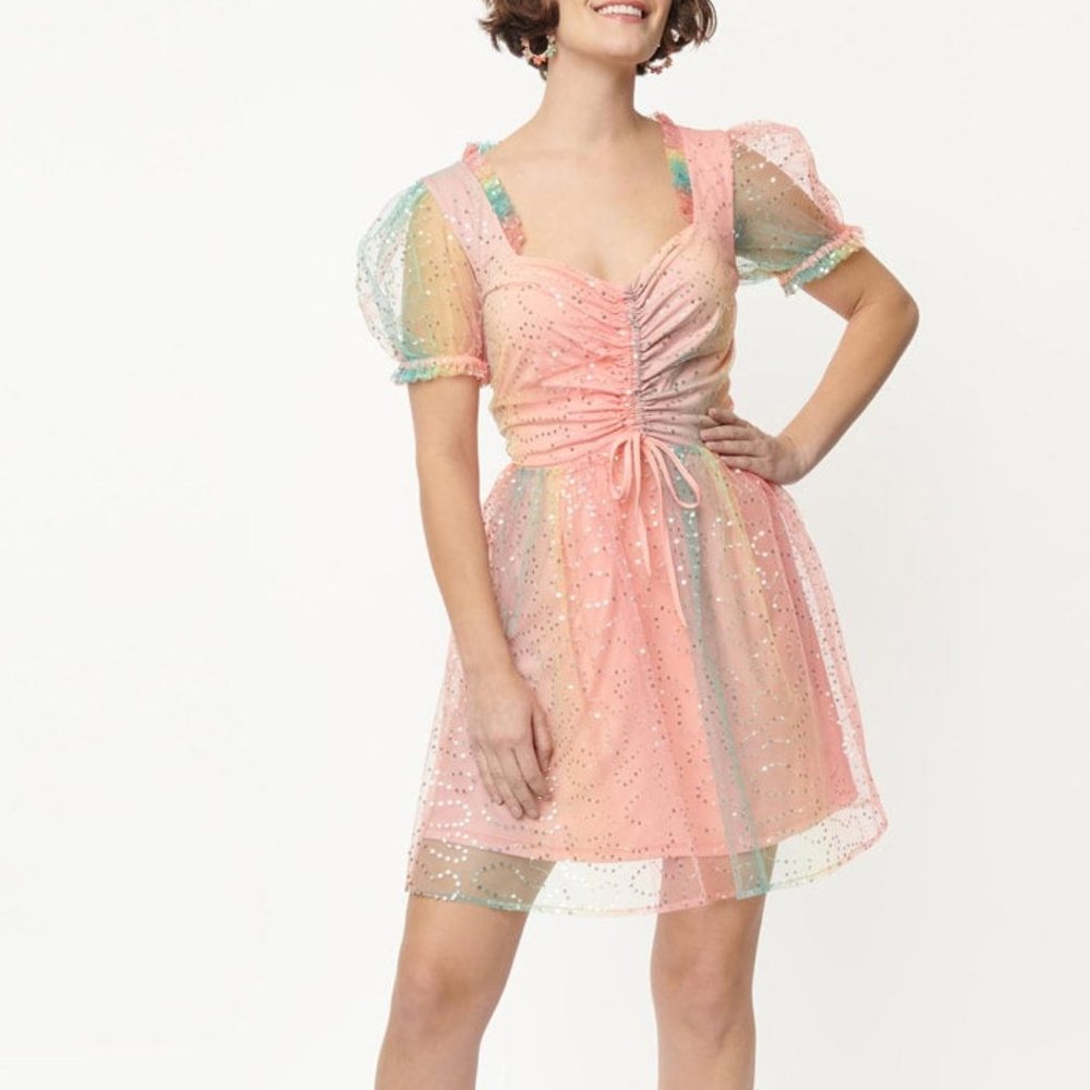 Rainbow Ombre Sequin Woodstock Vintage Style Flare Dress by Unique Vintage